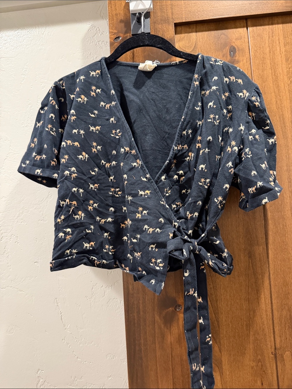 Mata Traders Navy Wrap Crop Top with Camel Print